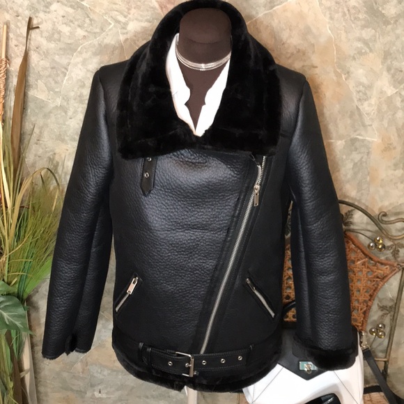Zara Jackets & Blazers - Zara 🌹Stunning black Moto motorcycle riding fur jacket coat